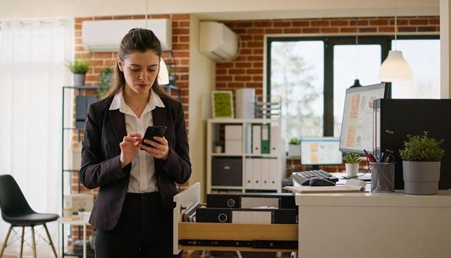 Businesswoman checking smartphone by open filing drawer in modern office with plants