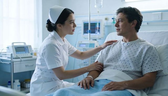 Nurse comforting patient at hospital bedside providing compassionate care and support