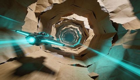 Sleek spacecraft racing through torn concentric tunnel emitting teal neon exhaust
