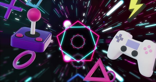 Retro Gaming Controllers with Neon Hexagons and Lights Background - Download Free Stock Images Pikwizard.com