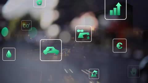 Digitally Animated Eco-Friendly City Concept with Neon Green Icons