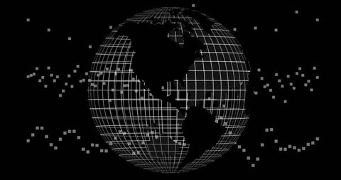 Monochrome Wireframe Globe Showing Americas with Grid and Floating Pixel Data Clusters