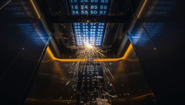 Sparks showering futuristic elevator cabin with digital ceiling grid and amber console