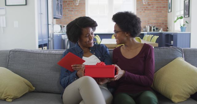 Happy African American Mother Receives Gift from Daughter at Home - Download Free Stock Images Pikwizard.com