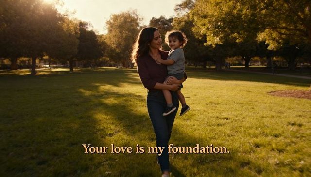 Mother carrying toddler through sunlit park at golden hour | warm family bonding moment