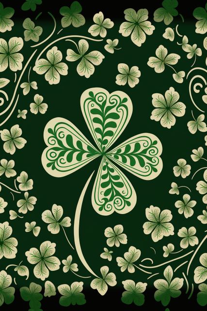 Beautiful clover leaf pattern with intricate designs on a deep green background. Ideal for St. Patrick's Day cards, invitations, textile design, wrapping paper, wallpapers, and festive decorations. This eye-catching design can be great for representing Irish culture and celebration themes.