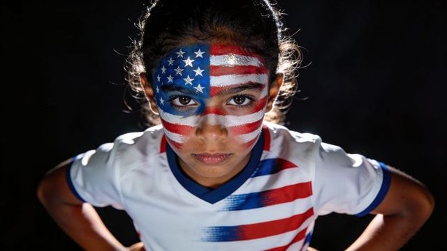Young athlete standing confident with american flag face paint and patriotic sports jersey