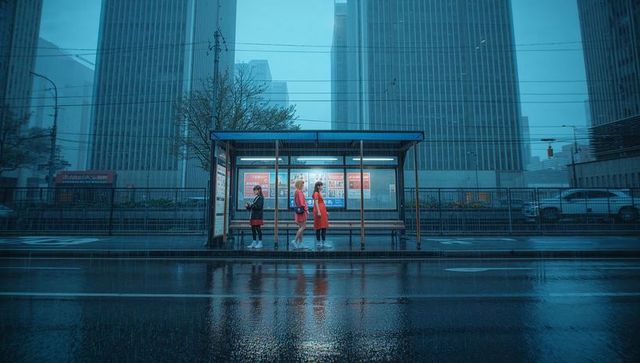 Women waiting under bus shelter on rainy night in urban cityscape