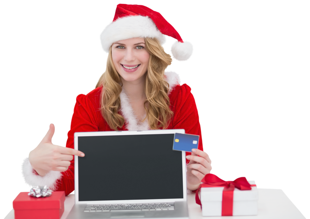 Caucasian Woman in Santa Hat shopping Online With Laptop on Transparent Background - Download Free Stock Videos Pikwizard.com