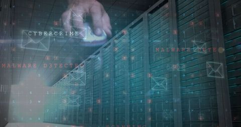 Cybercrime alerts in data center with digital overlay