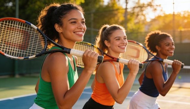 Three female tennis players smiling and holding rackets on golden hour outdoor court