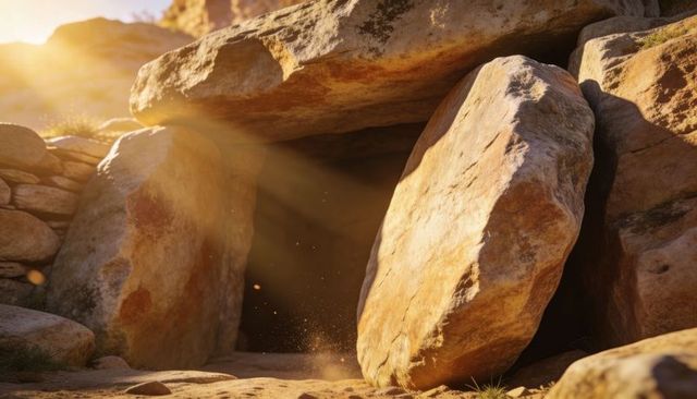 Sunlit sandstone boulders forming shallow cave, golden hour rays and dust particles
