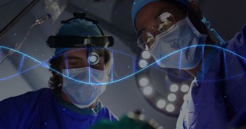 Surgeons in Operating Room with DNA Helix Overlay
