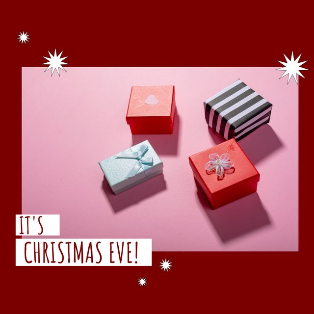 Christmas Eve message with beautifully wrapped gift boxes in various designs or red and pink backgrounds. Ideal for holiday advertisements, festive greeting cards, social media campaigns, holiday sales promotions, decoration tutorials.