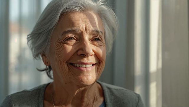 Smiling Senior Woman Enjoying Sunlight Indoors Near Window