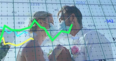 Masked wedding couple holding hands with green rising graph overlay representing pandemic-era love a