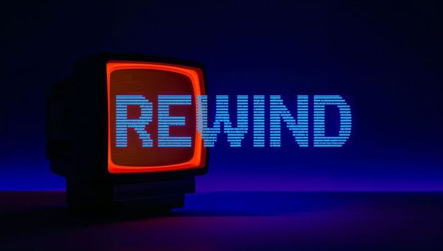 Retro crt television glowing neon rewind text with scanline effect for vintage tech poster