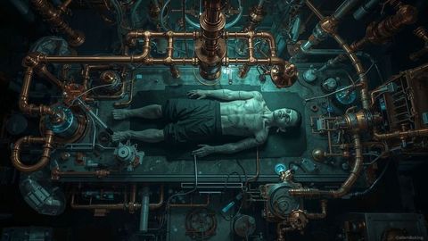 Muscular male amidst industrial mechanical lab with copper piping