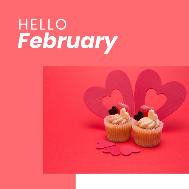 Hello February Greeting with Cupcakes and Hearts on Red Background - Download Free Stock Videos Pikwizard.com