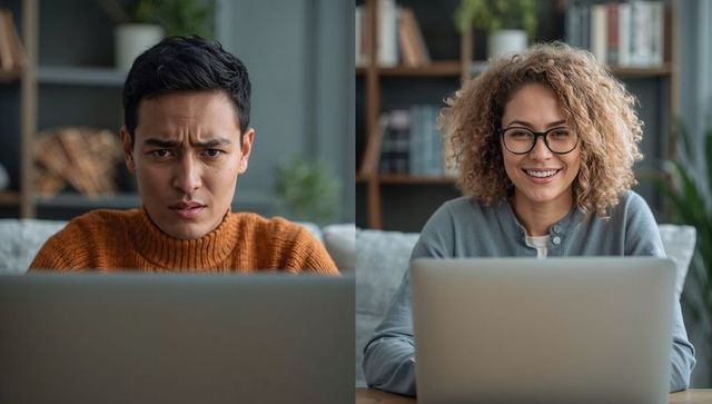 Remote collaboration split-screen showing frustrated man and smiling woman on virtual meeting