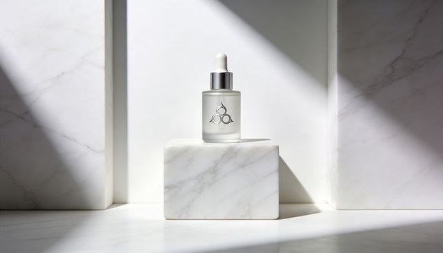 Showcasing frosted serum bottle on marble pedestal with pipette and silver collar