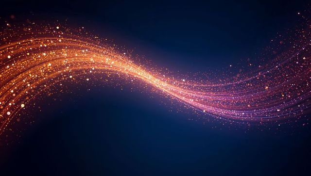 Golden and magenta light ribbon arcing across dark blue background with sparkling bokeh