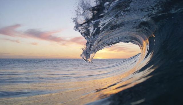 Curling sunset barrel wave reflecting golden light over glassy ocean horizon