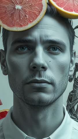 Contemplating man holding grapefruit halves and statue in minimalist vertical video