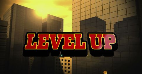 Dynamic level up text with sunlit city skyscrapers
