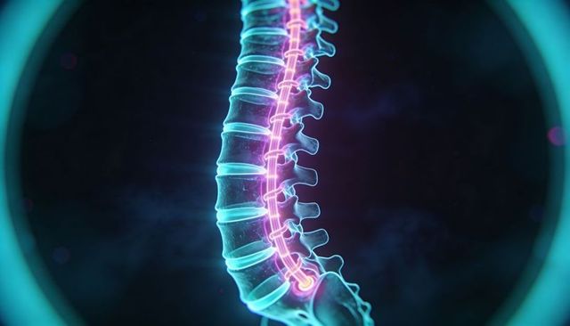 Neon 3d spinal column highlighting spinal cord and vertebrae for medical visualization