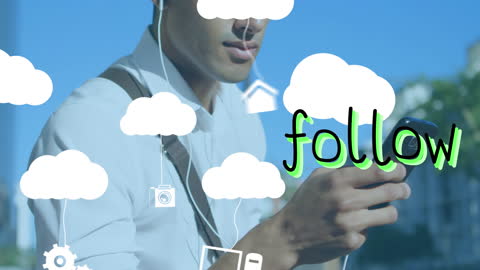 Hispanic Man Using Smartphone in Digital Cloud and Social Media Animation