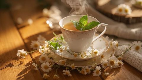 Steaming Chamomile Tea in Porcelain Cup with Fresh Mint on Sunlit Rustic Wooden Table