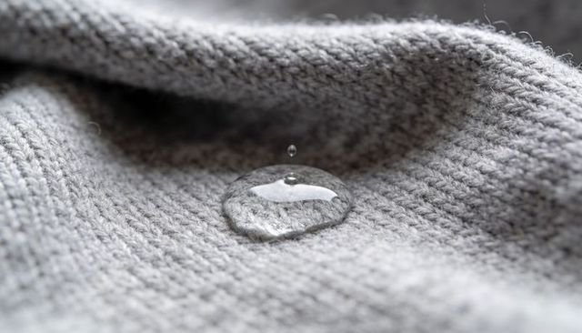 Clear water droplet beading on gray knit fabric macro closeup showing textile repellency