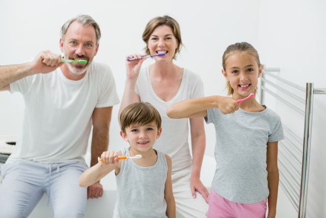 Family brushing teeth together in a bathroom, creating a joyful and healthy environment. Ideal for promoting dental hygiene, family bonding, and health-related products or services. Can be used in advertisements for toothpaste, toothbrushes, or family health campaigns.