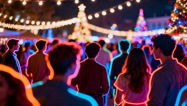 Neon-outlined crowd walking through festive night market with bokeh lights and trees
