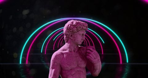 Neon Statue with Colorful Arcs in Modern Art Composition