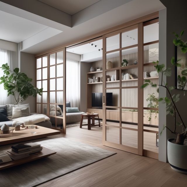 Opened glass tatami door to living room, created using generative ai technology. Interior design, japanese style and home decor concept digitally generated image.