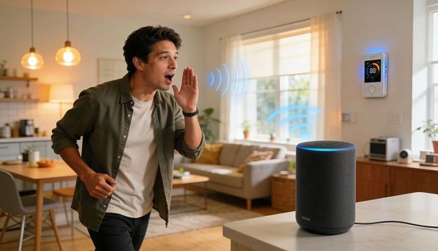 Man speaking to smart speaker and thermostat in modern open-plan kitchen