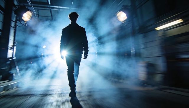 Walking silhouette backlit by dramatic spotlights and cinematic fog, moody blue light