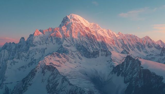 Majestic alpine sunrise on snow-covered mountain peaks
