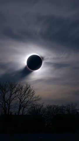 Vertical video of total solar eclipse eclipsing Sun with corona over silhouetted trees