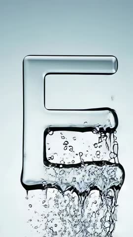 Liquid Letter E Forming from Splashing Water with Bubbles — Vertical Motion Sculpture