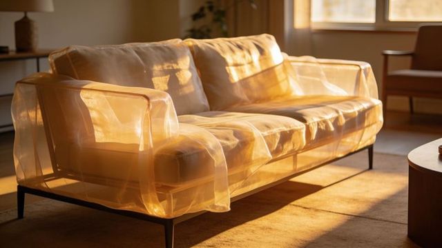 Sunlit midcentury sofa draped in sheer fabric, golden hour glow for minimalist living room