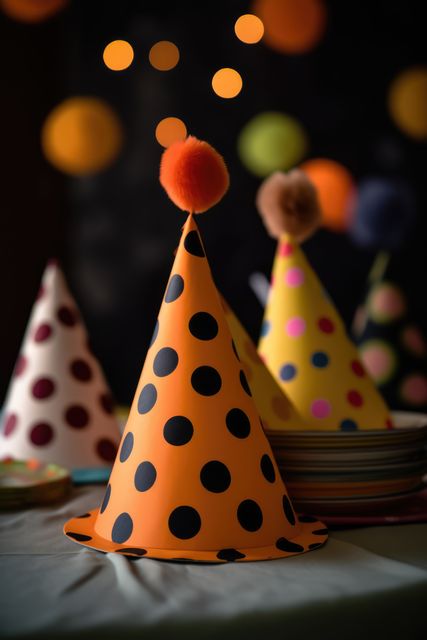 Close up of party hats over grey background, created using generative ai technology. Party, birthday party and celebration concept digitally generated image.