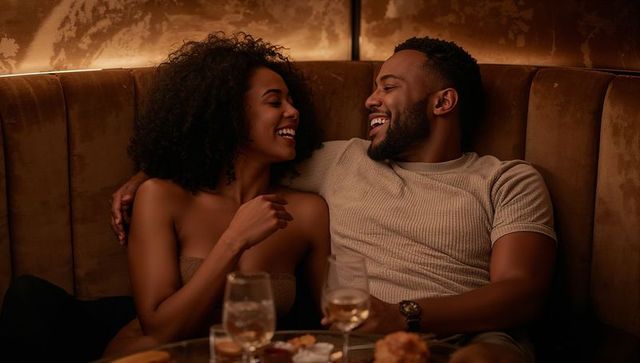 Intimate evening couple laughing on velvet banquette, holding cocktails, low amber lighting