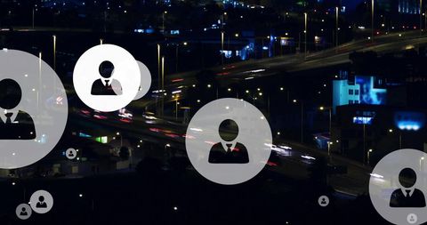 Digital profile icons over city traffic time lapse