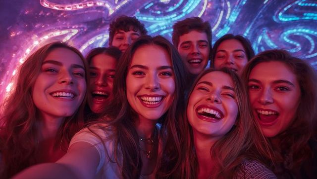 Group of Friends Enjoying Nightlife in Colorful Neon Club