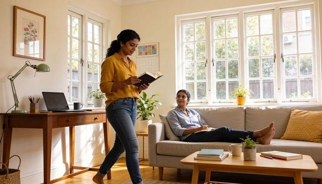 Women sharing sunlit home workspace walking with book while friend relaxing with notebook