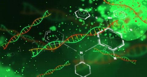 Glowing dna helices floating in digital genomics visualization with molecular structures