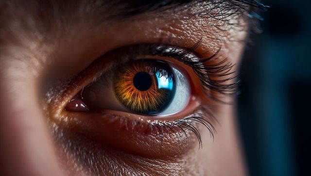 Macro amber iris holding focused gaze with crisp lashes, tear film and specular highlights